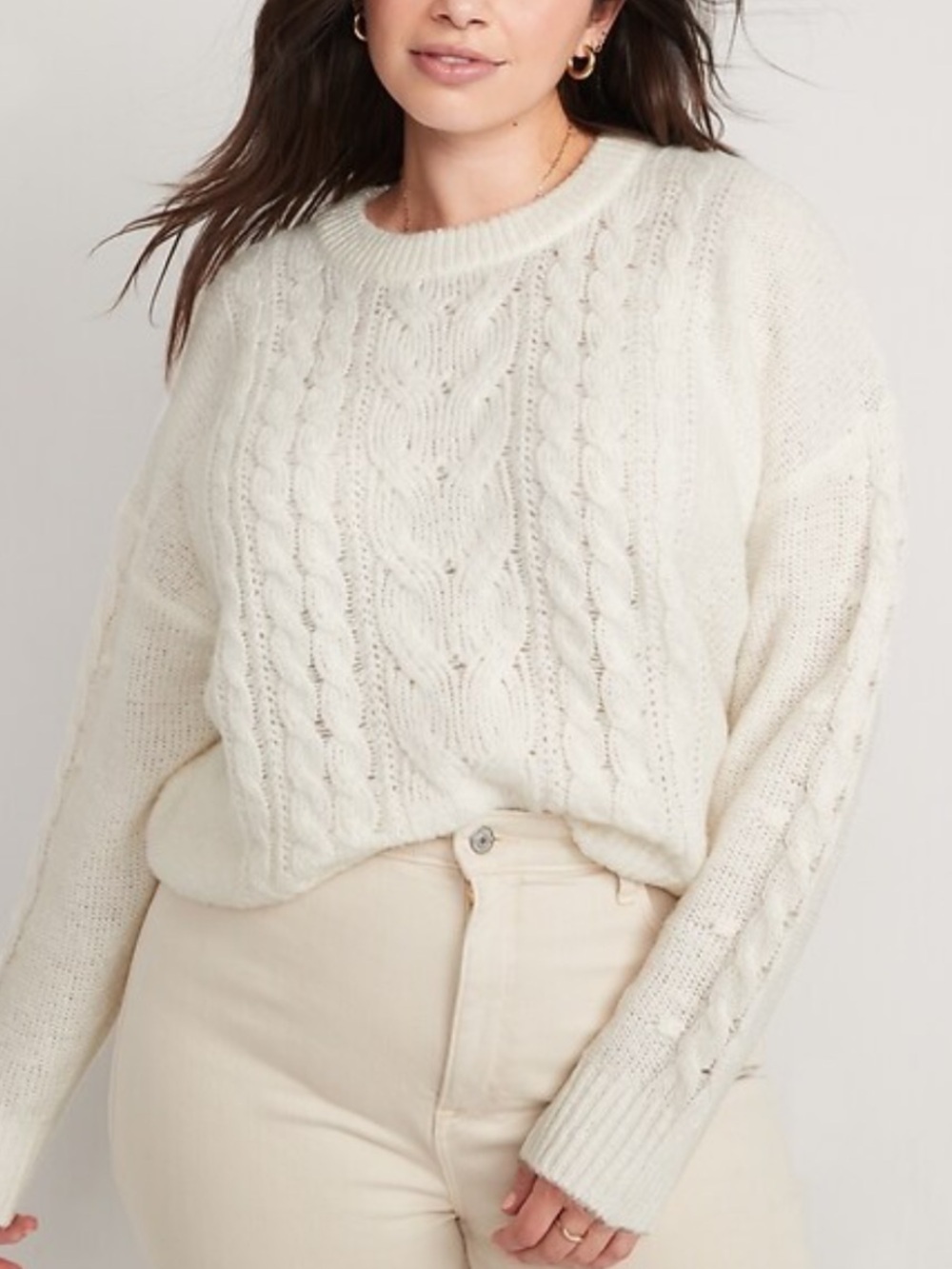 Old Navy Women's Cream Speckled Cable-Knit Sweater Crew Neck Pullover In Large